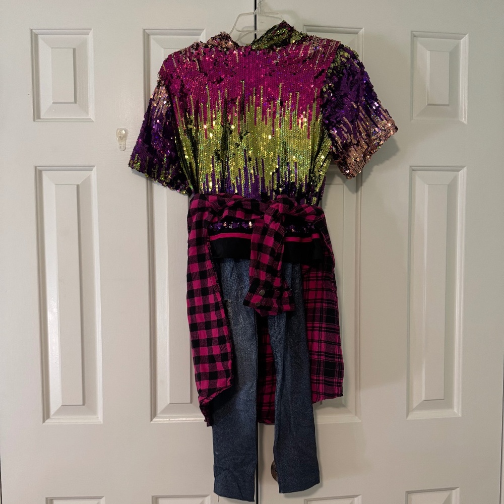 Sequin Hip Hop Dance Costume w/ Plaid Shirt & Denim Leggings